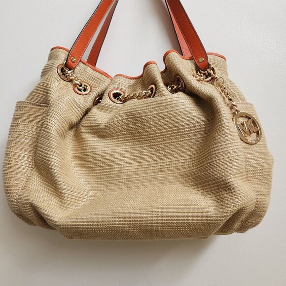 MICHAEL KORS Handbag Women Natural Burlap Canvas & Leather Strap Gold Chain Link - Picture 2 of 15